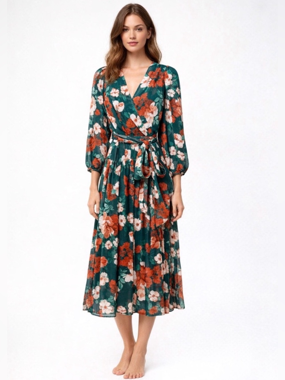 New Calvin Klein Green Orange Blossoms Faux Wrap Midi Dress Size 4